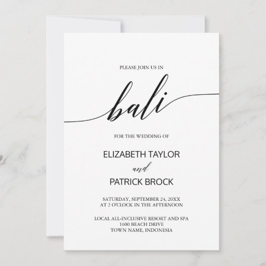 Elegant Calligraphy Bali Destination Wedding Kaart (Voorkant)