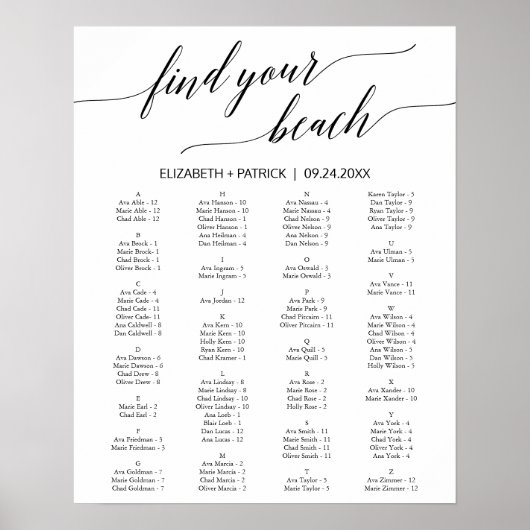 Elegant Calligraphy Beach Theme Seat Chart Poster (Voorkant)