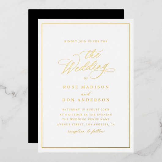 Elegant calligraphy black and gold foil wedding folie uitnodiging (Voorkant / Achterkant)