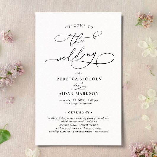 Elegant Calligraphy Black & White Wedding Program
