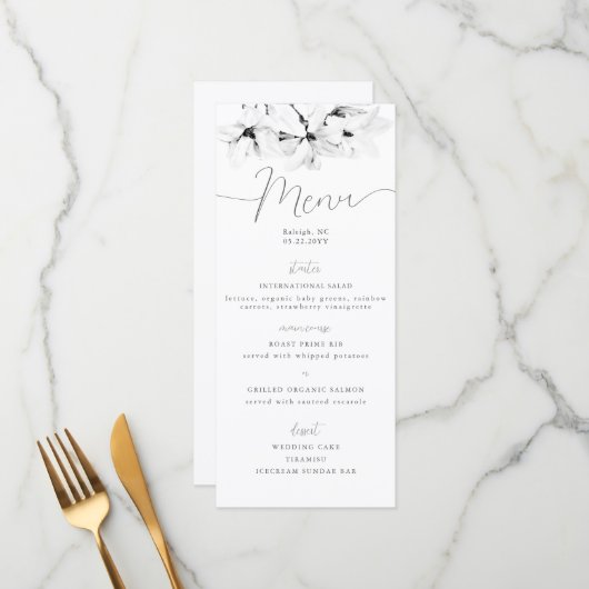 Elegant Calligraphy Chic Magnolias Spring Wedding Menu (Voorkant / Achterkant in situ)