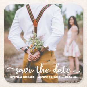 Elegant Calligraphy Couple Photo Save the Date Vierkante Kartonnen Onderzetter