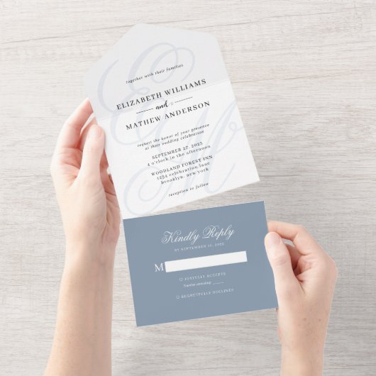 Elegant Calligraphy Dusty Blue Monogram Wedding All In One Uitnodiging (Afscheurbaar)