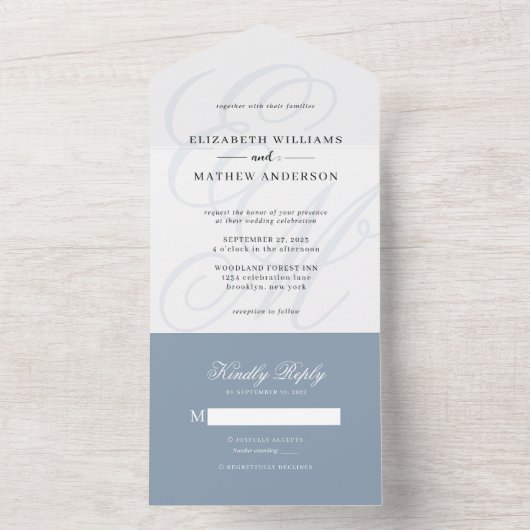 Elegant Calligraphy Dusty Blue Monogram Wedding All In One Uitnodiging (Binnen)