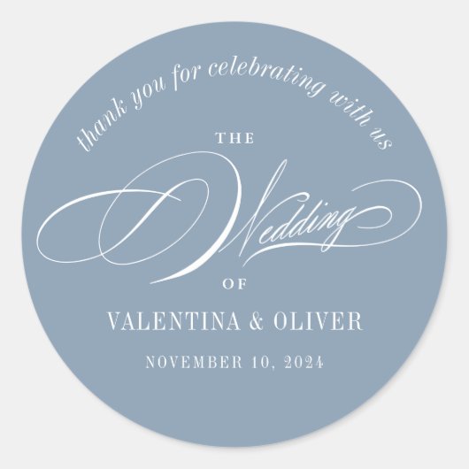 Elegant Calligraphy Dusty Blue Wedding Ronde Sticker (Voorkant)