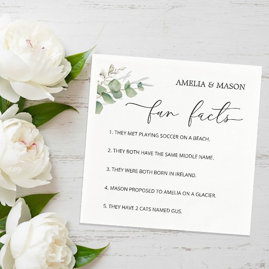 Elegant Calligraphy Eucalyptus Fun Facts Wedding Servet