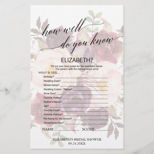 Elegant Calligraphy Faded Floral Bridal Game (Voorkant)