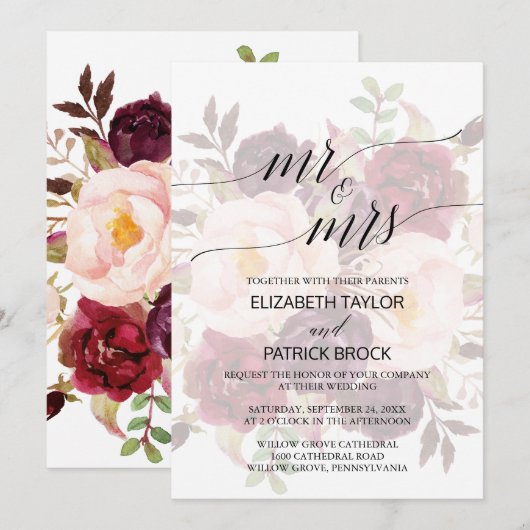 Elegant Calligraphy Faded Floral Mr & Mrs Wedding Kaart (Voorkant / Achterkant)