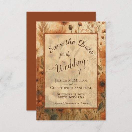 Elegant Calligraphy Fall Boho Wildflowers Wedding Save The Date (Voorkant / Achterkant)