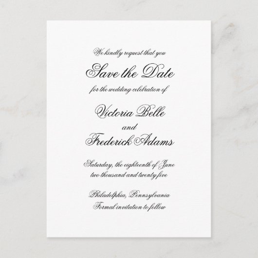 Elegant Calligraphy Formal Wedding Save the Date Aankondigingskaart (Voorkant)
