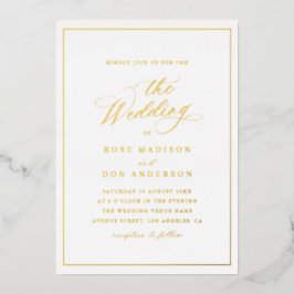 Elegant calligraphy gold and white wedding folie uitnodiging