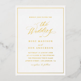 Elegant calligraphy gold and white wedding folie uitnodiging