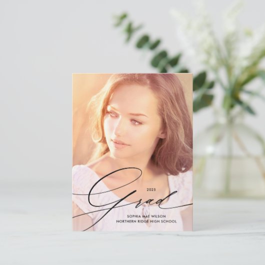 Elegant Calligraphy Overlay Full Photo Afstuderen Briefkaart (Staand voorkant)