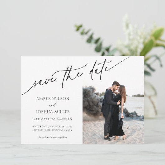 Elegant Calligraphy Photo Wedding Save the Date Kaart (Staand voorkant)