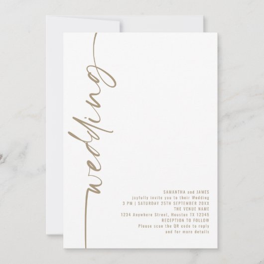Elegant Calligraphy QR Code Champagne Gold Wedding Kaart (Voorkant)