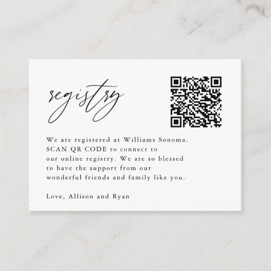 Elegant Calligraphy QR Code Wedding Registry Informatiekaartje (Voorkant)