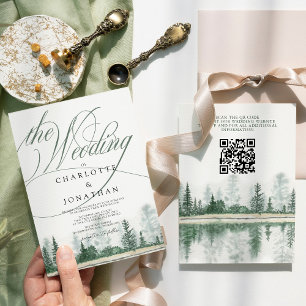 Elegant Calligraphy Rustic Forest QR Code Wedding Kaart