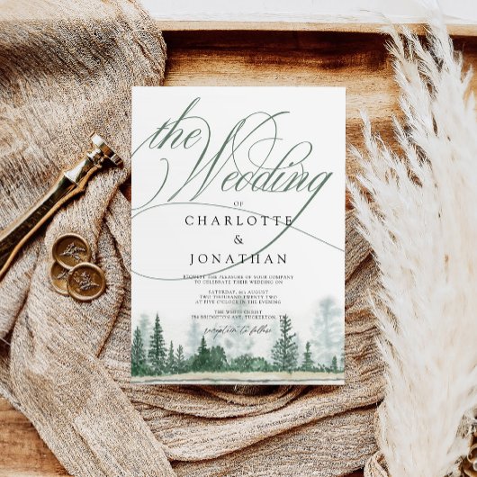 Elegant Calligraphy Rustic Forest QR Code Wedding Kaart