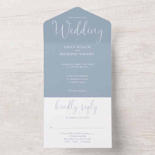 Elegant Calligraphy Script Dusty Blue Wedding All In One Uitnodiging (Binnen)