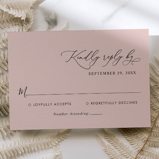 Elegant Calligraphy Script Dusty Roos Wedding RSVP Kaartje