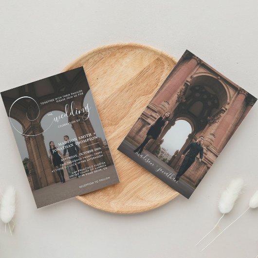 Elegant Calligraphy Script Grey Photo Wedding Kaart