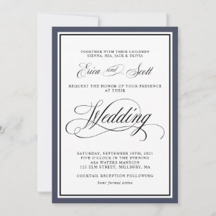 Elegant Calligraphy Script Navy Blue Wedding Invit Kaart