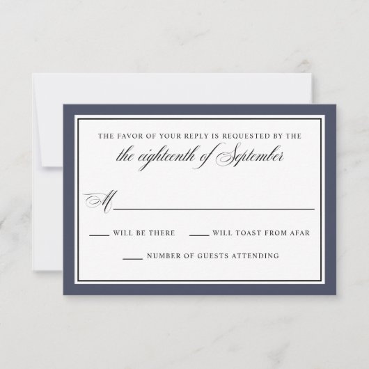 Elegant Calligraphy Script Navy Blue Wedding RSVP (Voorkant)
