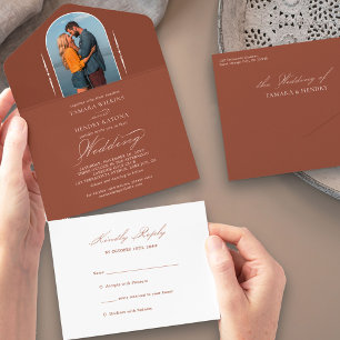 Elegant Calligraphy Terracotta Photo RSVP Wedding All In One Uitnodiging