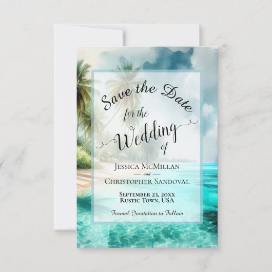 Elegant Calligraphy Tropical Beach Wedding Save The Date (Voorkant)
