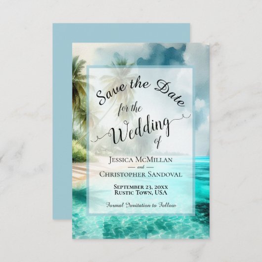 Elegant Calligraphy Tropical Beach Wedding Save The Date (Voorkant / Achterkant)
