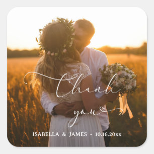 Elegant Calligraphy Wedding Photo Hartelijk dank Vierkante Sticker