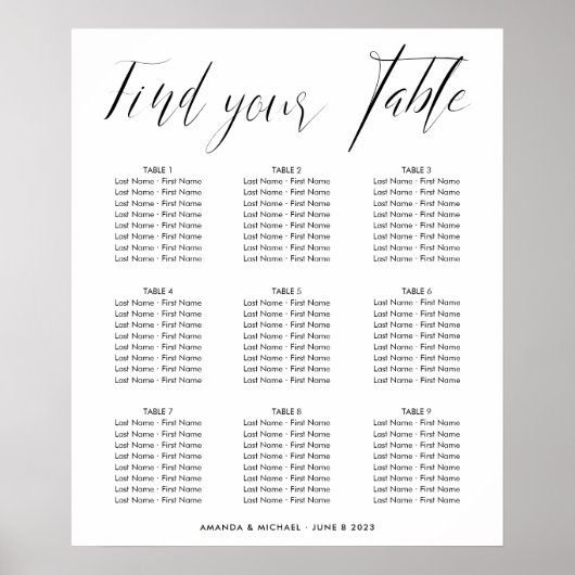 Elegant Calligraphy Wedding Seating Table Chart Poster (Voorkant)