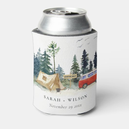 Elegant Camping Waterverf Pine Forest Wedding Blikjeskoeler (Blikje Achterkant)