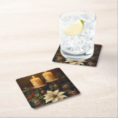 Elegant candle Christmas holly pine warm festive  Vierkante Kartonnen Onderzetter (Insitu)