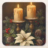 Elegant candle Christmas holly pine warm festive  Vierkante Kartonnen Onderzetter (Voorkant)