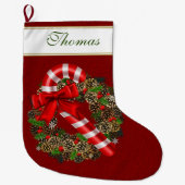 Elegant Candy Cane Red Ribbon Custom Monogram Grote Kerstsok (Voorkant)