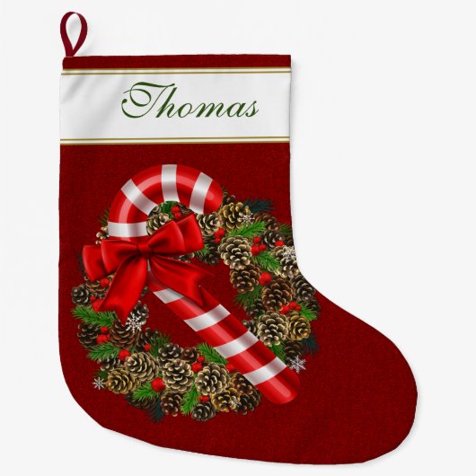 Elegant Candy Cane Red Ribbon Custom Monogram Grote Kerstsok (Voorkant)