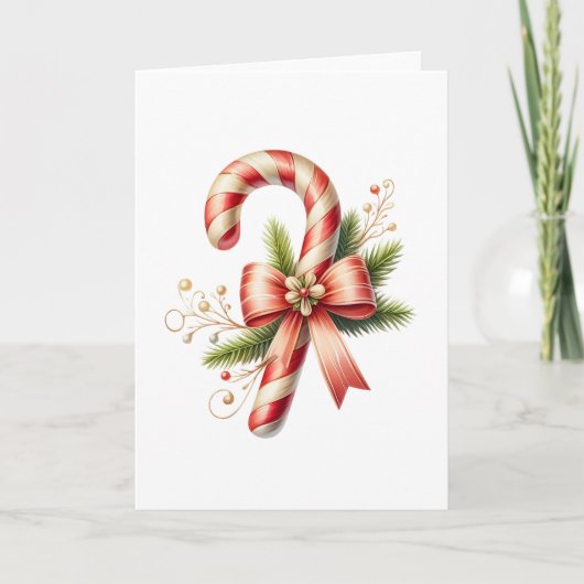 Elegant Candy Cane with Red Bow and Pine Sprigs Kaart (Voorkant)