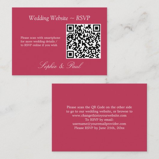 Elegant Carmine Magenta QR Code Site Web Carte RSV (Devant / Derrière)