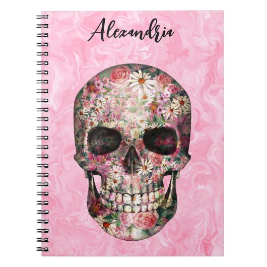 Élégant Carnet de crâne floral Boho rose (Devant)