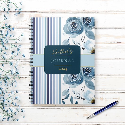 Élégant Carnet de journal floral Bleu Blancs