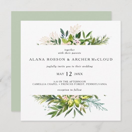 Elégant Carré de verdure d'olive Faire-part de mar (Devant / Derrière)