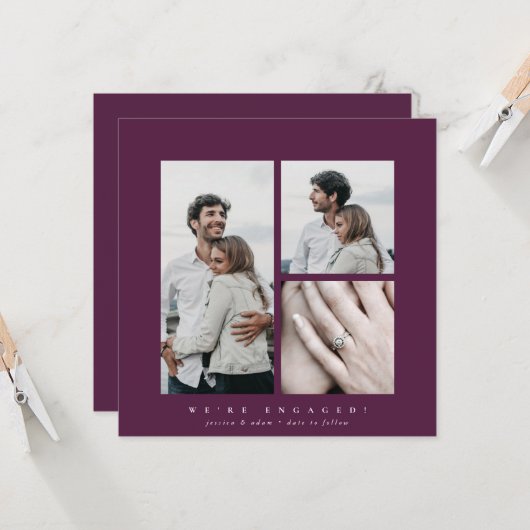 Élégant Carré multi-photo Fiançailles Faire-part (Devant/Arrière en situation)