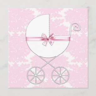 Elegant Carriage Pink Damask Baby shower Kaart