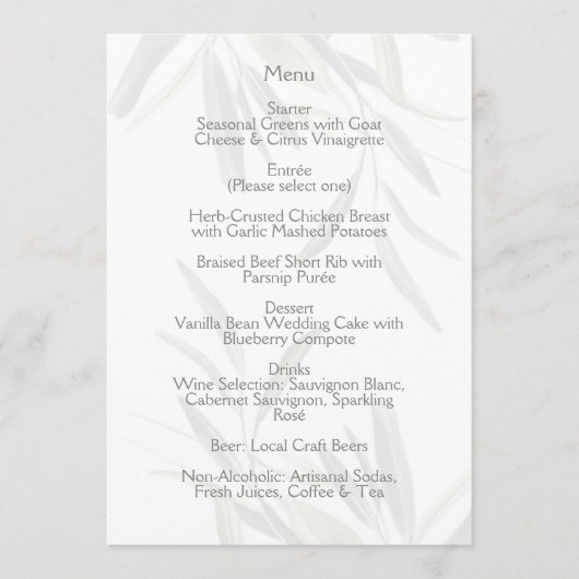 Élégant Carte de Menu Botanique Vert Sauge (Devant)