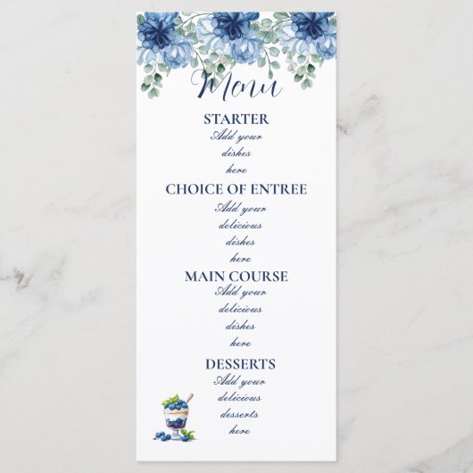 Élégant Carte de Menu Florale Bleue Poussiéreuse d (Devant)