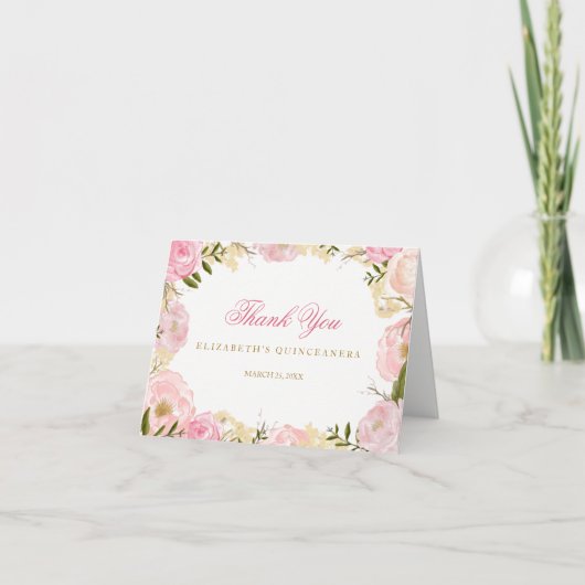 Élégant Carte de remerciements Quinceanera Rose Ro (Devant)