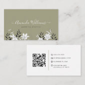 Élégant Carte de visite de code QR Floral Sage (Devant / Derrière)