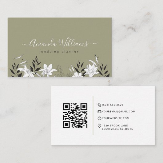 Élégant Carte de visite de code QR Floral Sage (Devant / Derrière)