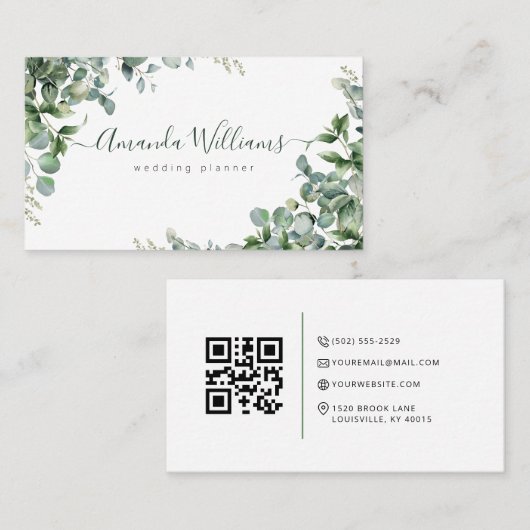 Élégant Carte de visite de code QR Floral Vert (Devant / Derrière)